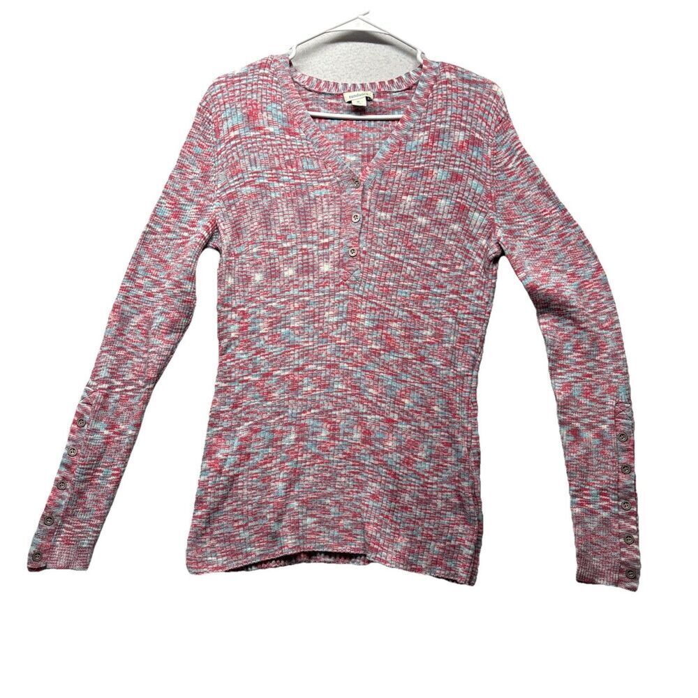 Sundance Sweater Pink Blue Ribbed Spacedye Knit Henley Women's Size XL Stretch